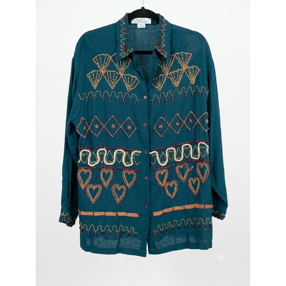 Sandy Starkman Teal Rayon Beaded Embroidered Heart Button Up Shirt Womens M